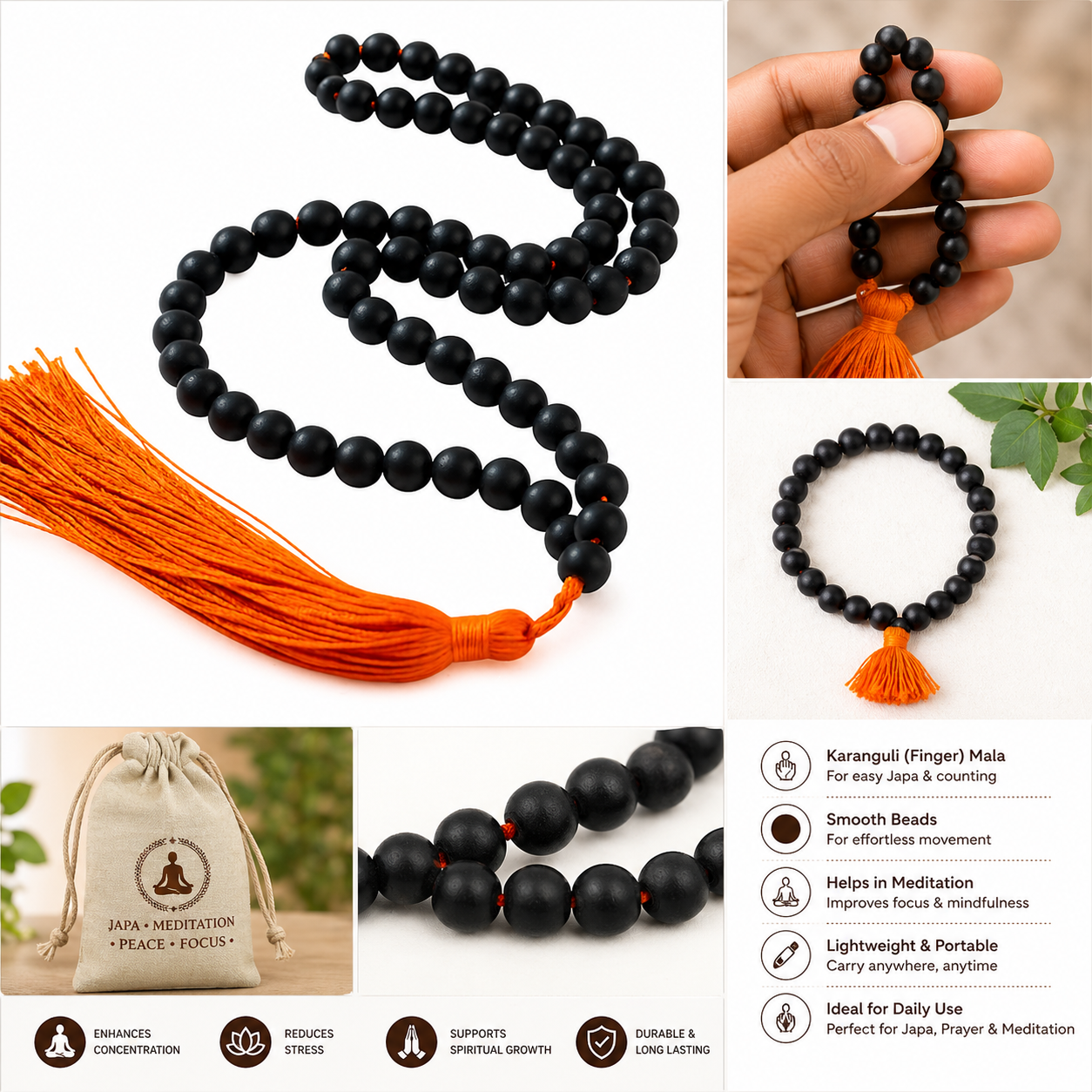 Karanguli Japa Mala (Finger Counting Mala) | Black Beads with Tassel | Portable Meditation Counter for Mantra Chanting